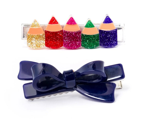 HAIR CLIP PENCILS CHIC GLITTER NAVY BOW